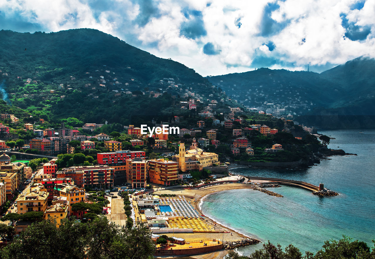 Aerial panorama of sori village and beach coast, genova, liguria, italy