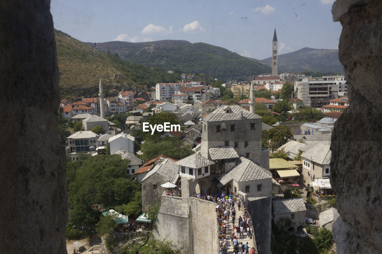 High angle view of buildings in town