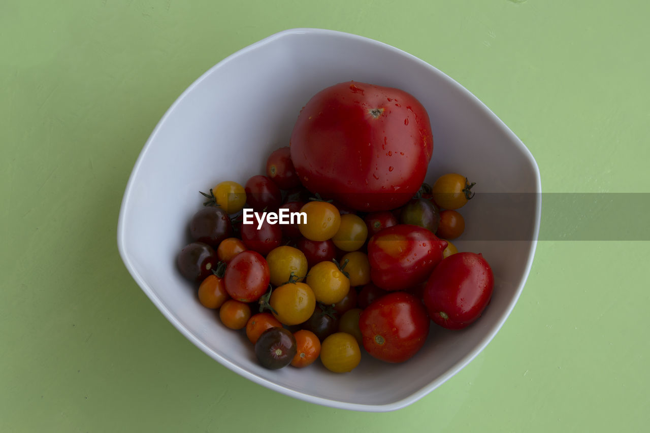 High angle view of different kinds of tomatoes in a white bowl