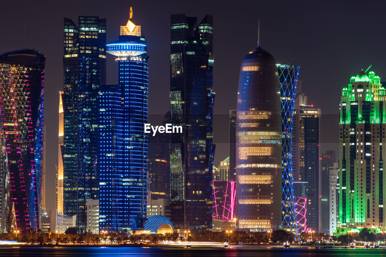 Doha skyline illuminated at night