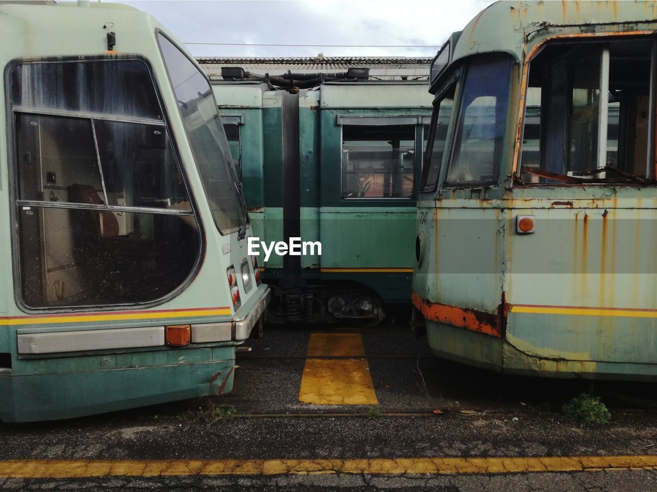 Train on railroad track in city