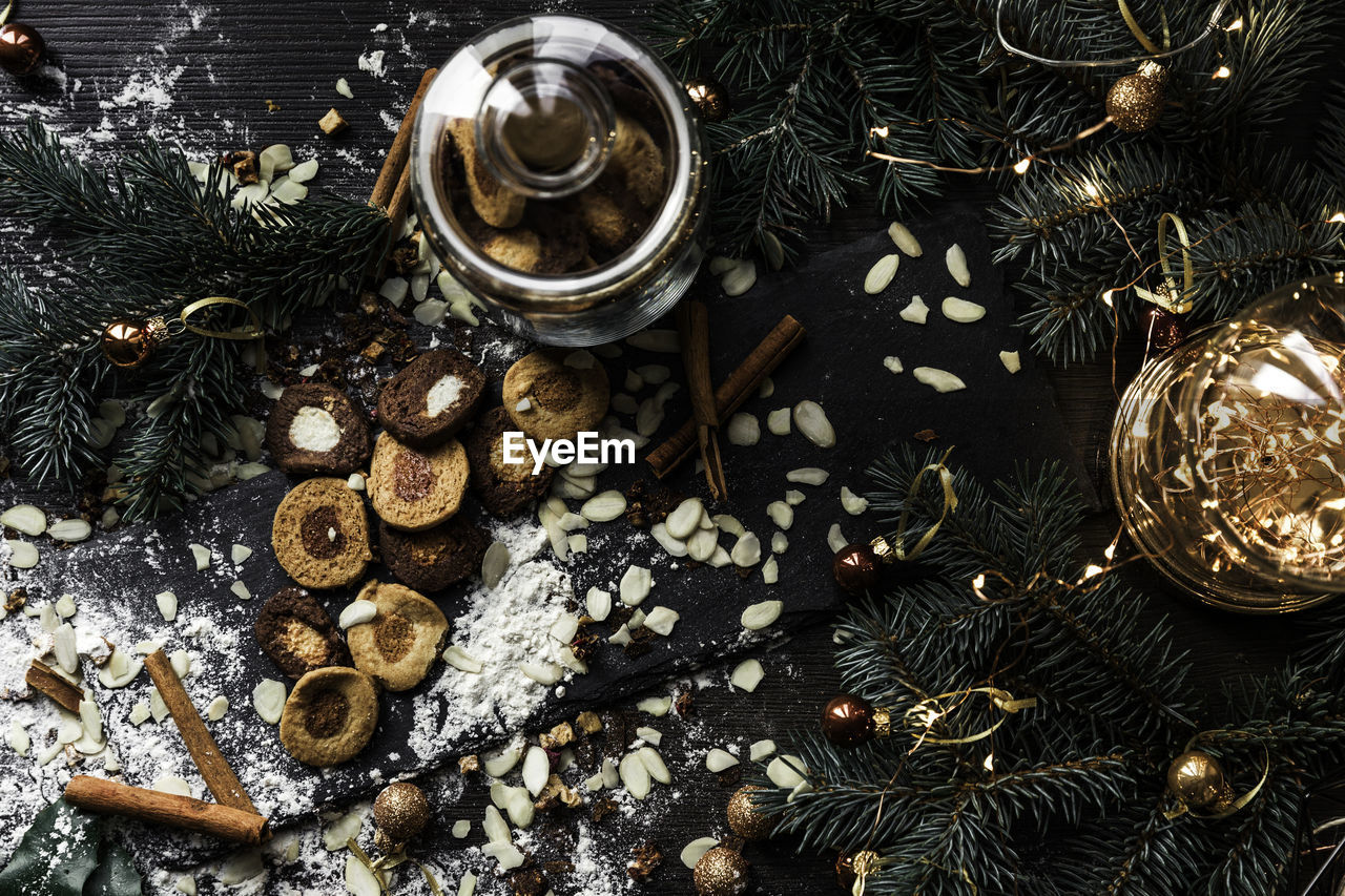 High angle view of christmas decorations on table