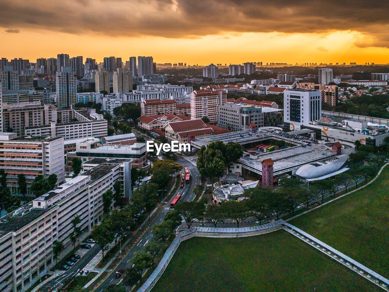 High angle view of buildings against sky during sunset