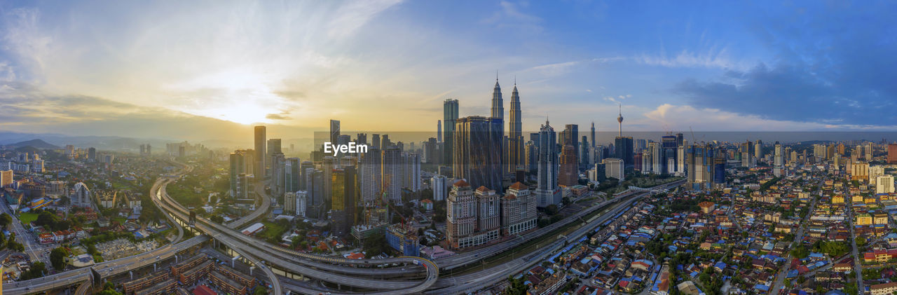 Aerial panoramic view of sunrise at kuala lumpur city skyline