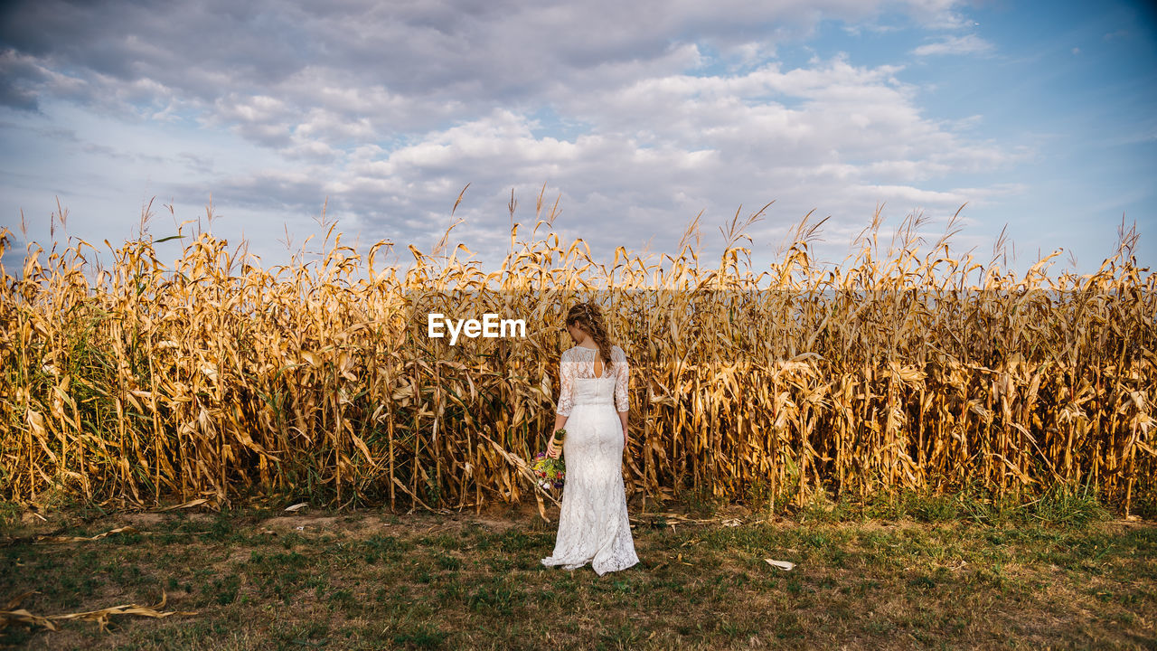 Rear view of woman in wedding dress standing against field