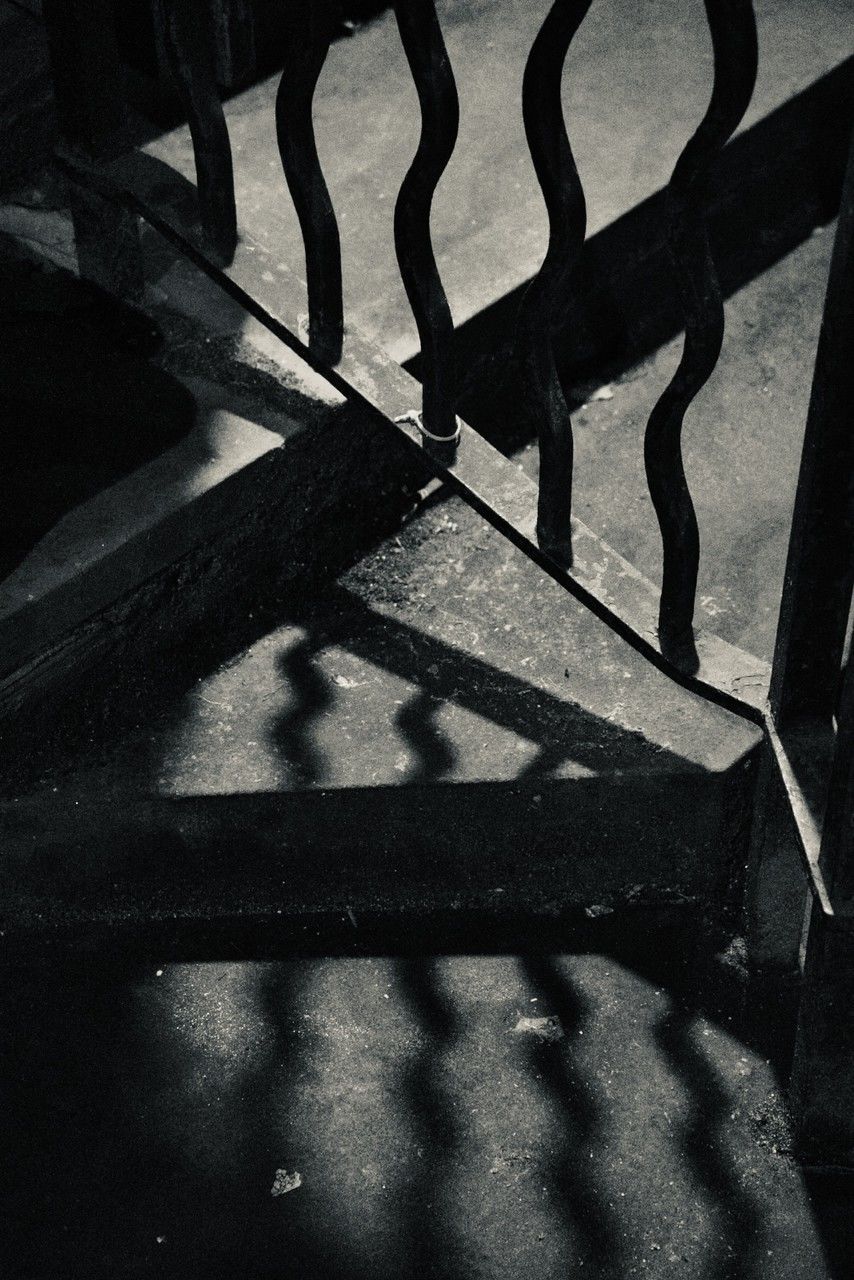 black, shadow, darkness, white, light, black and white, sunlight, monochrome, no people, monochrome photography, iron, nature, day, high angle view, railing, architecture, metal, outdoors, wood