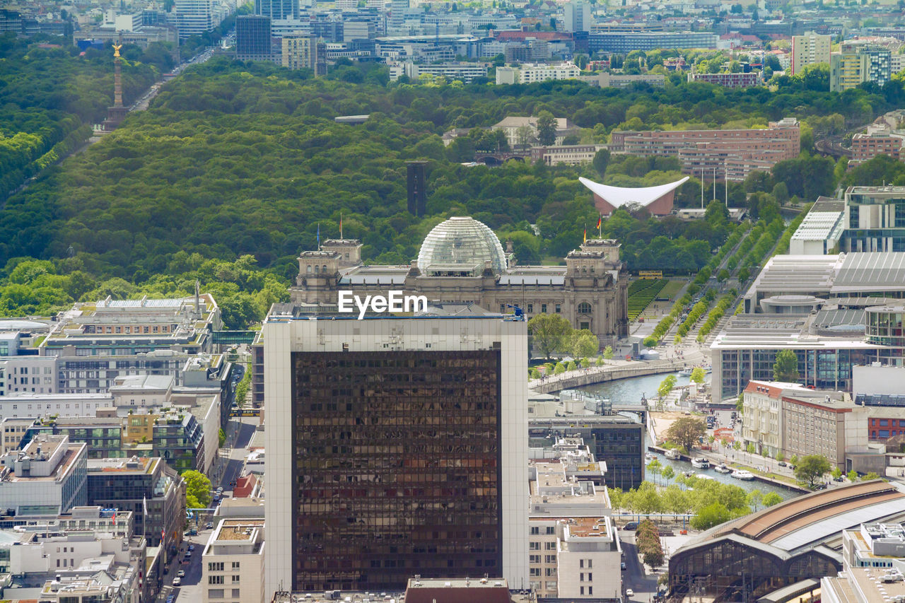 High angle view of buildings in city