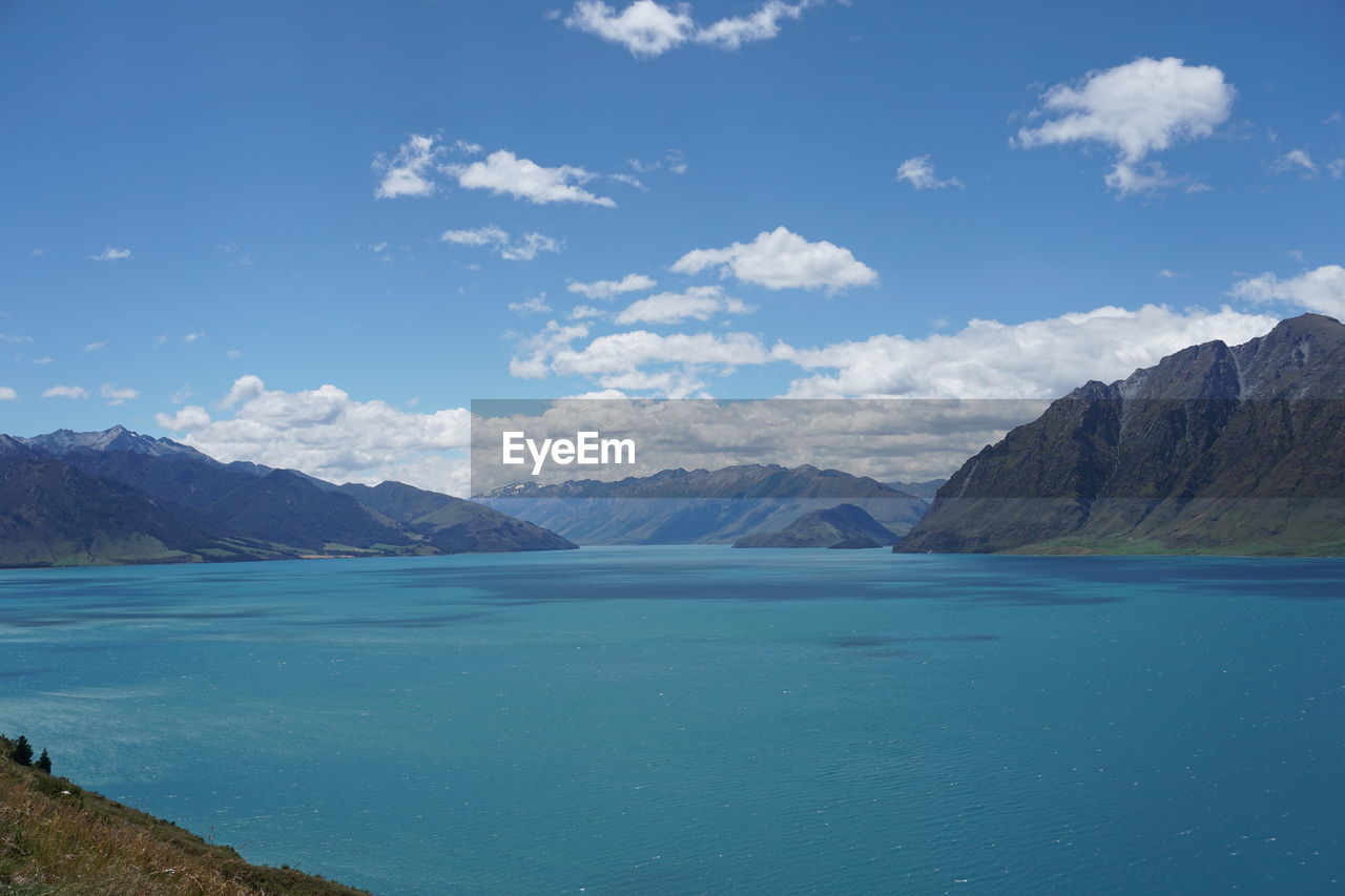 Scenic view of lake and mountains against sky