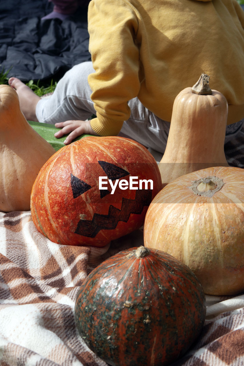 Kid sitting in pumpkins decorated for halloween