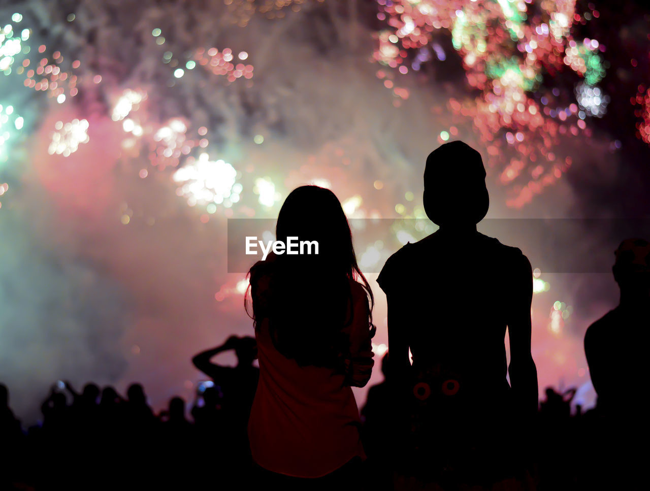 Rear view of silhouette people standing against firework