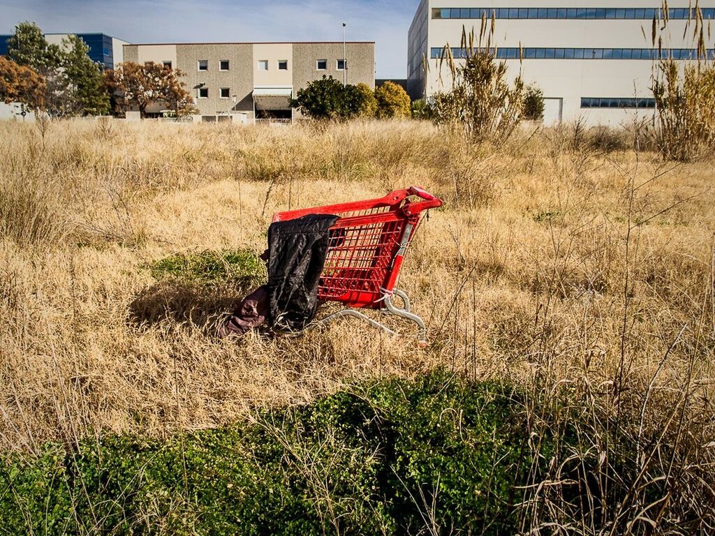 Shopping cart on dry grassy field