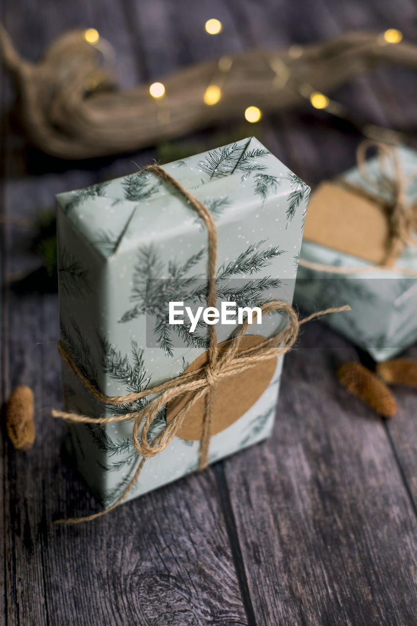 Close-up of christmas gift box on table