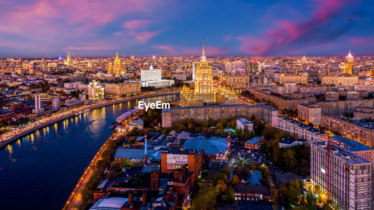 High angle view of illuminated city buildings, moscow, russia.