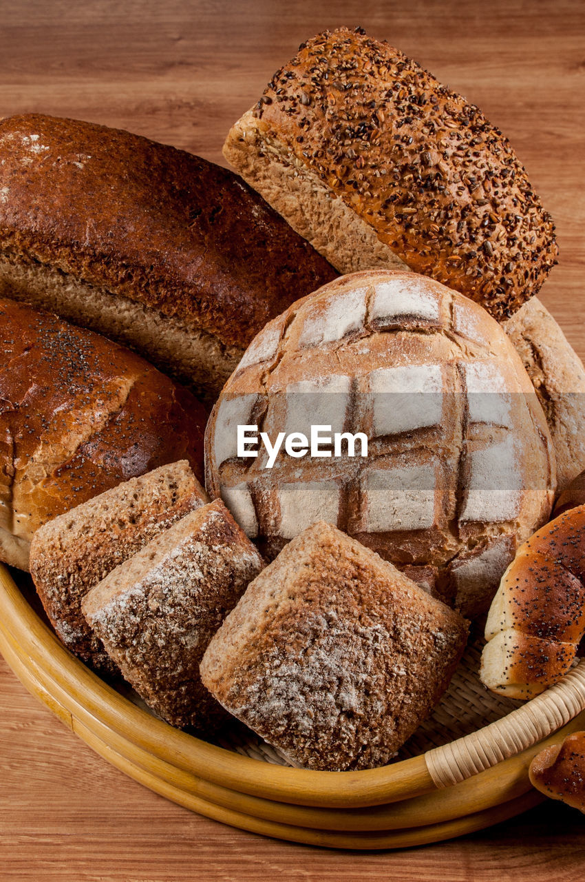 High angle view of bread in basket on table