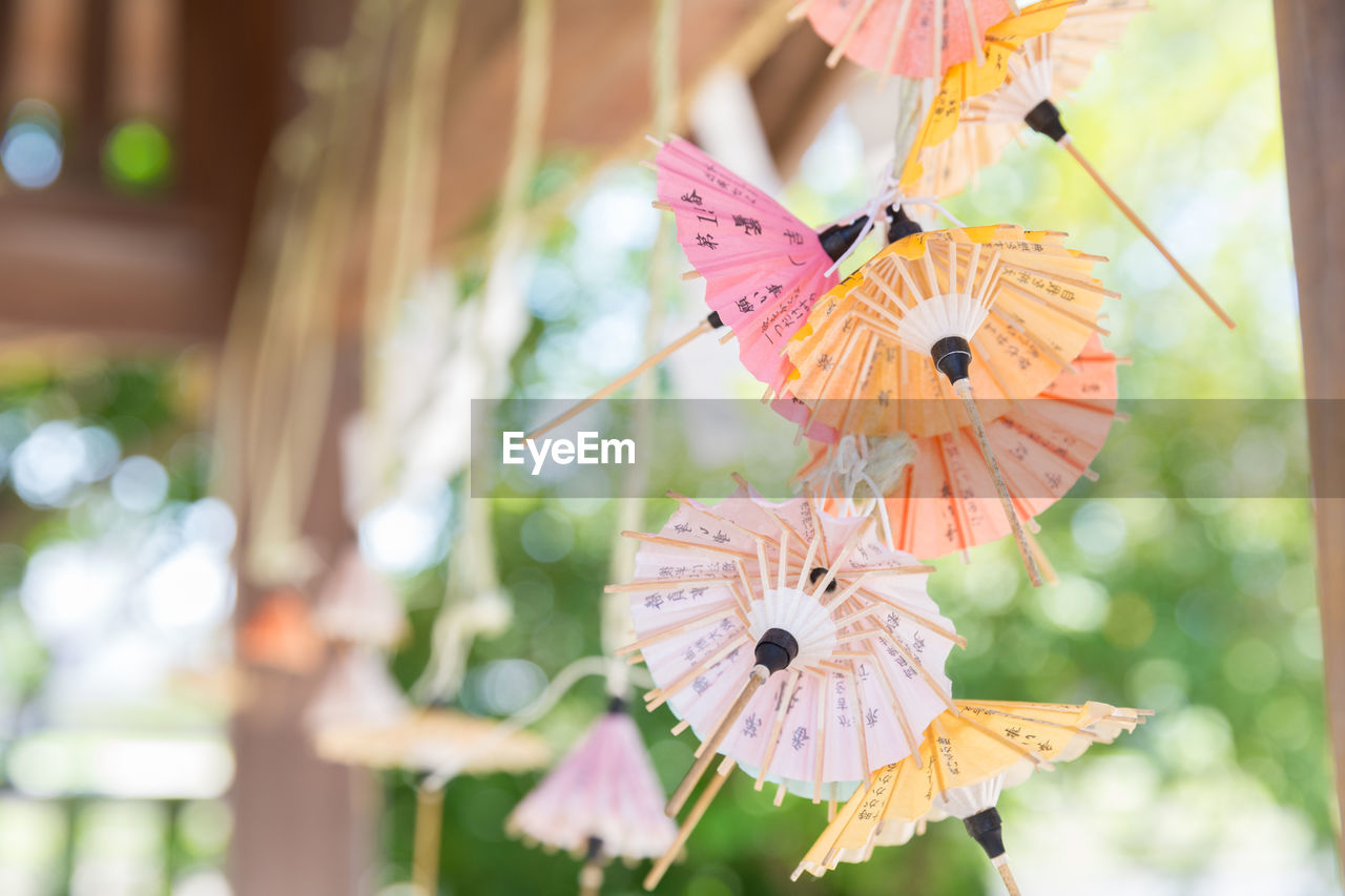 flower, hanging, butterfly, decoration, focus on foreground, nature, no people, outdoors, day, plant, tradition, creativity, celebration, animal representation, yellow, animal wing, close-up, representation, craft, selective focus, beauty in nature, multi colored, animal