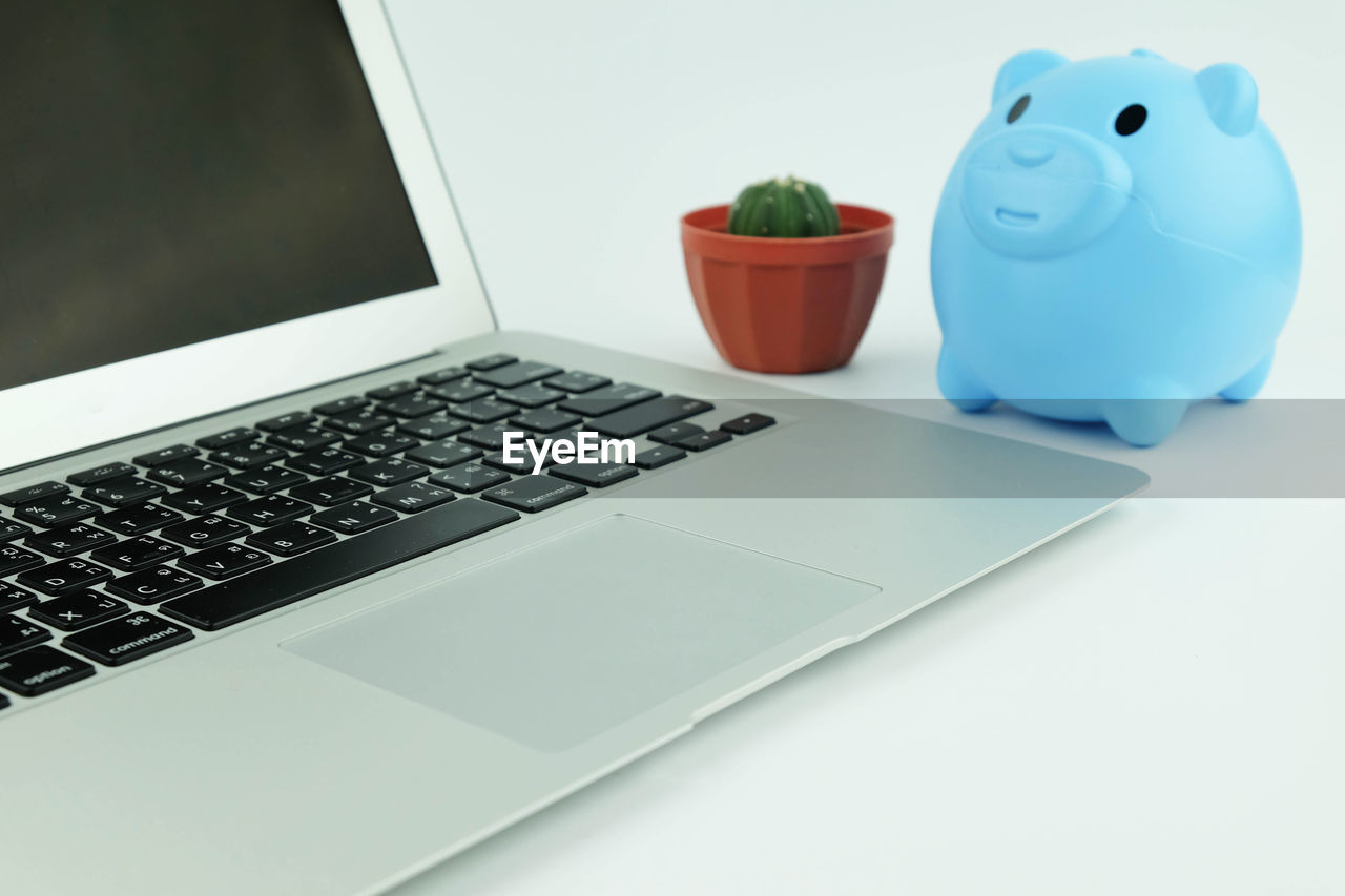 Close-up of laptop with potted cactus and piggy bank against white background