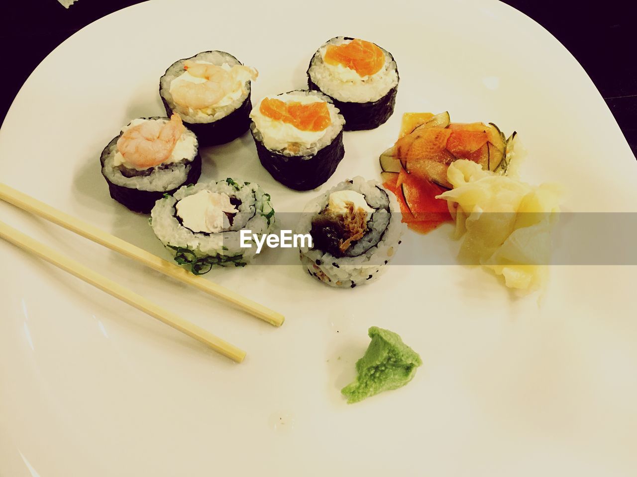 High angle view of sushi served in plate