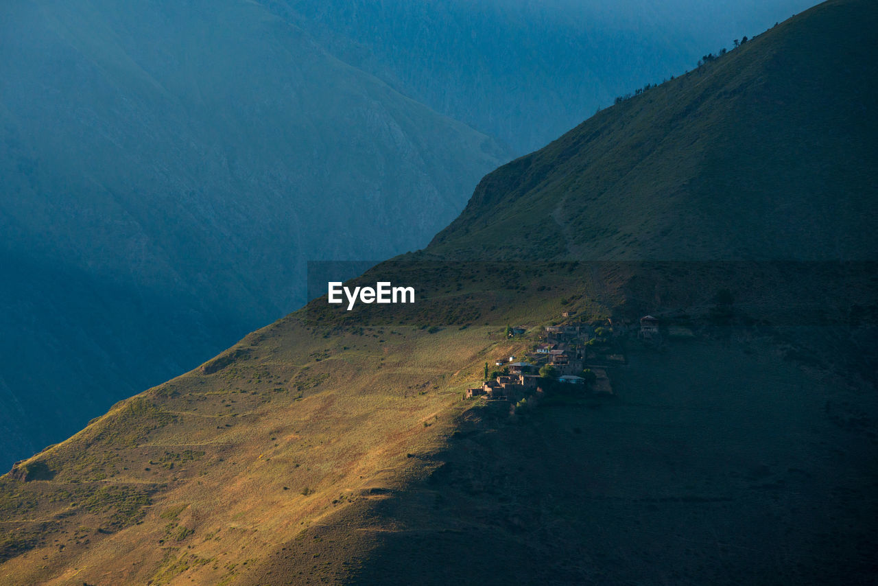 High angle view of land against sky