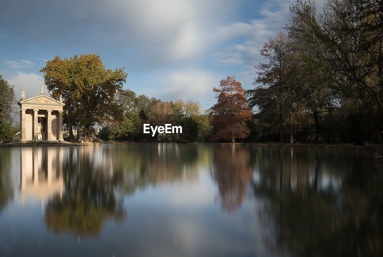 REFLECTION OF TREES ON LAKE AGAINST SKY