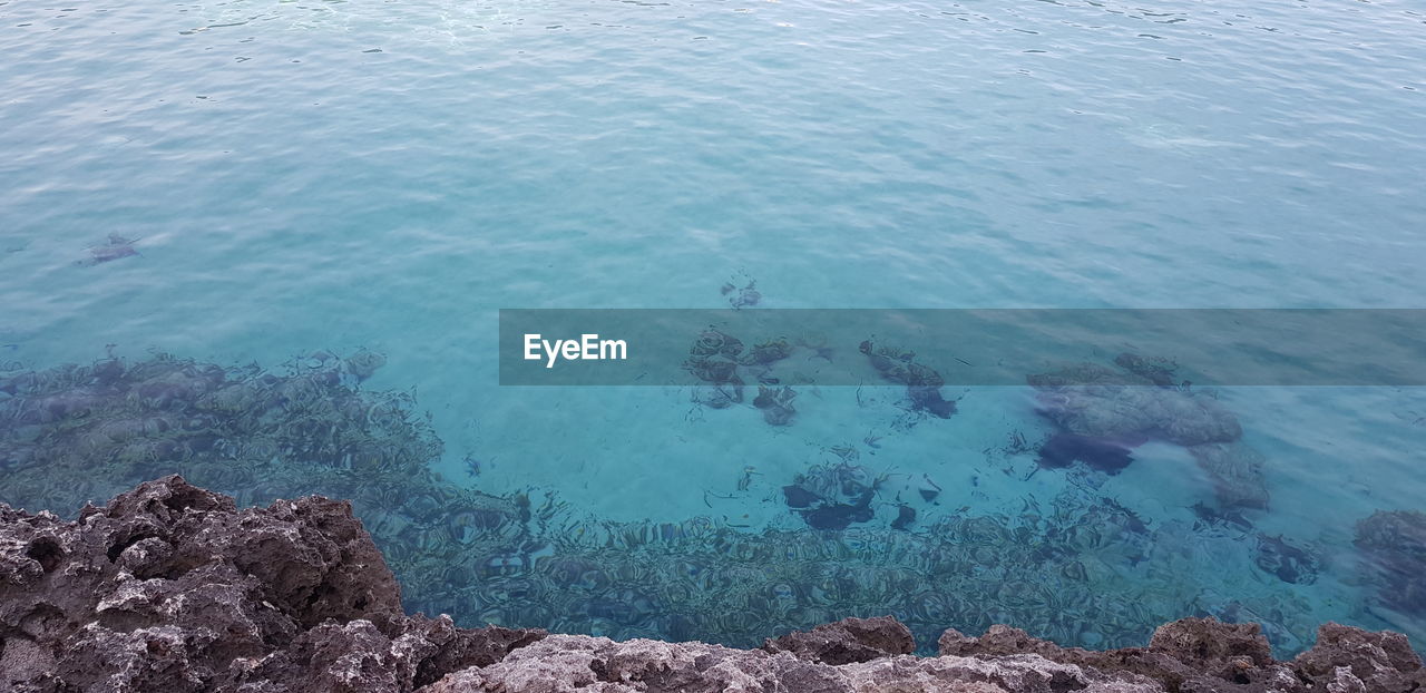 HIGH ANGLE VIEW OF ROCK FORMATIONS IN SEA