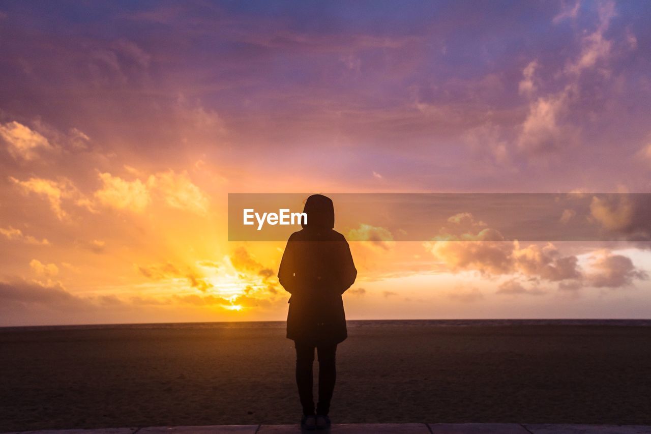 Rear view of person on sea shore against sky during sunset