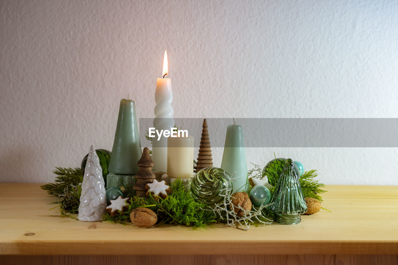 close-up of christmas decorations on table