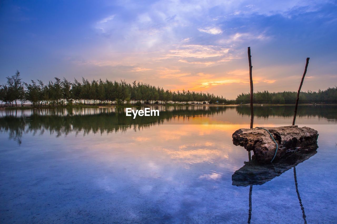 Scenic view of lake against sky during sunset