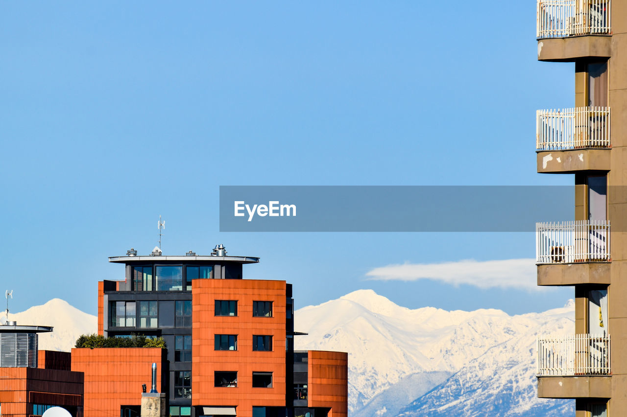 Buildings against clear blue sky