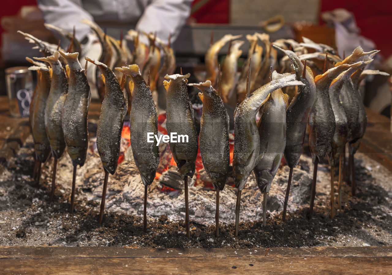 Japanese ayu fish skewers also called sweetfish grilled with salt