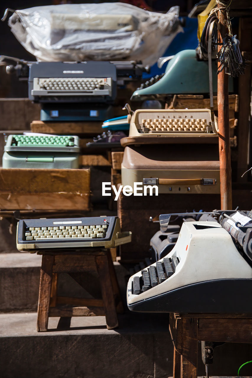 Old typewriters on sale on the main steps in antananarivo, madagascar.