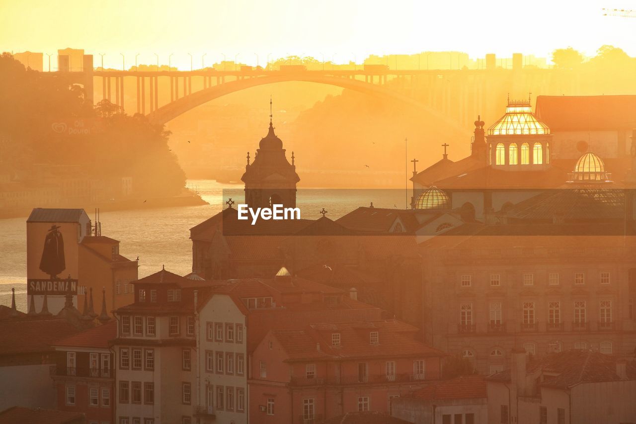 Buildings in city at sunset