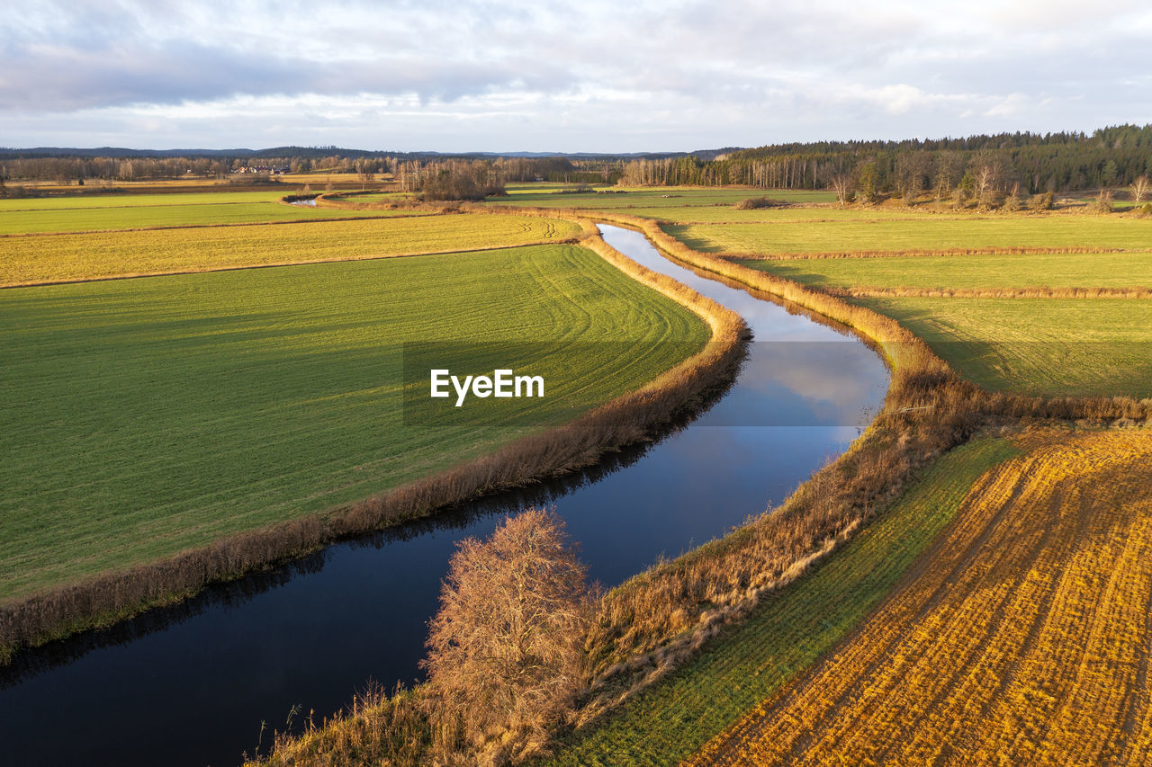 High angle view of river and fields