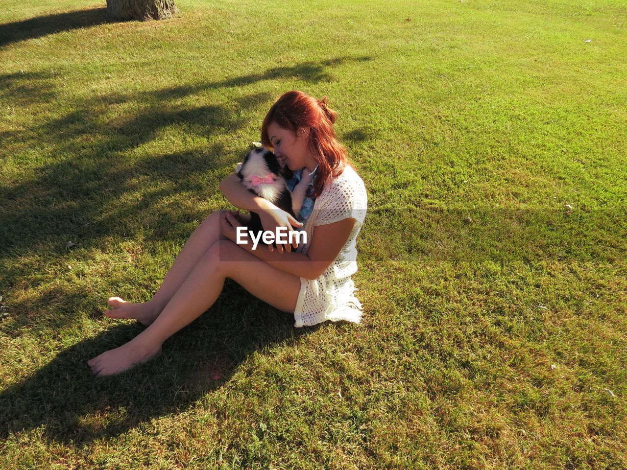 High angle view of young woman with puppy on grassy field during sunny day