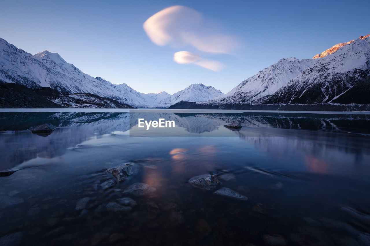 Scenic view of lake and snowcapped mountains against sky