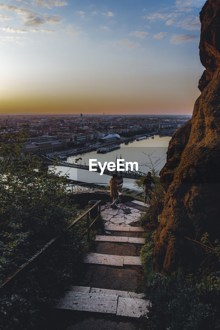 Scenic view of the danube river from gellért hill during sunrise.