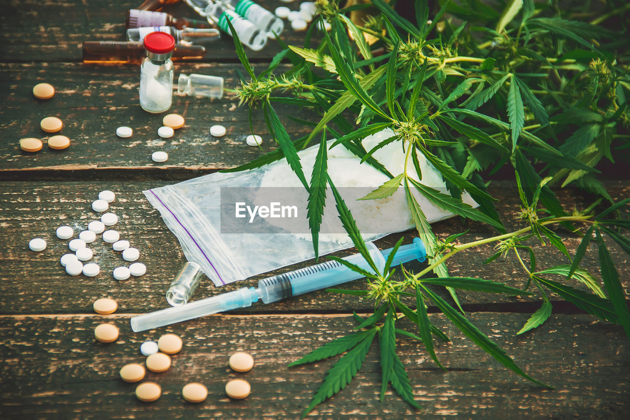 high angle view of medicines on table