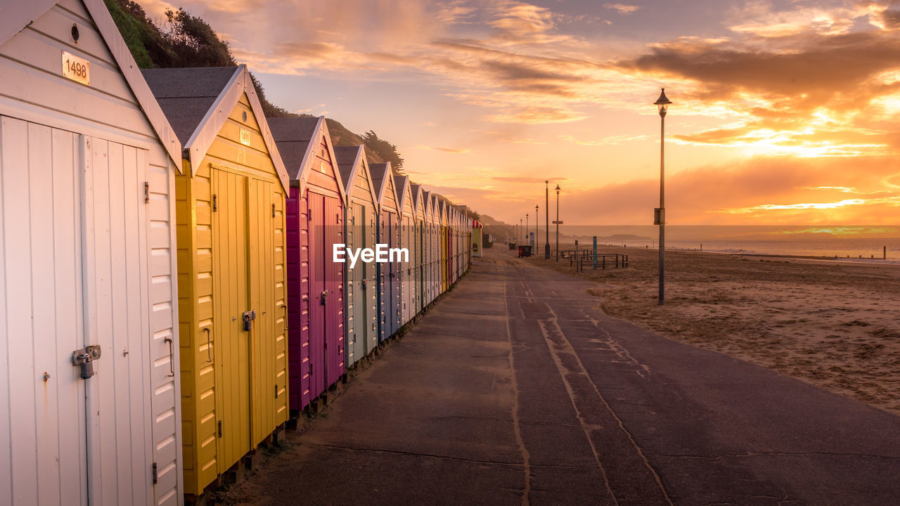 Beach huts on southbourne at sunrise