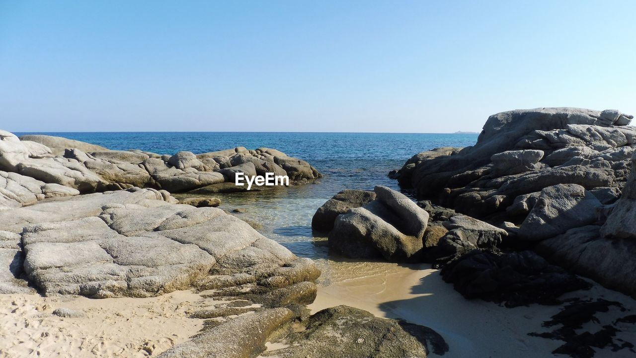 SCENIC VIEW OF SEA AND ROCKS AGAINST CLEAR SKY