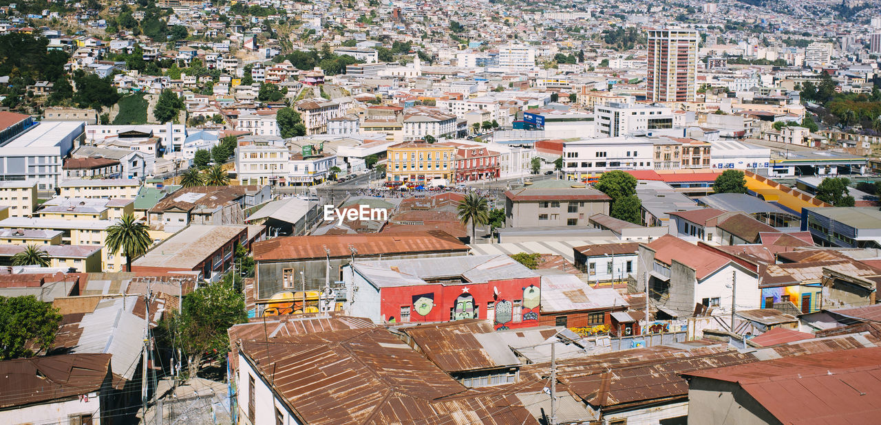High angle view of buildings in city
