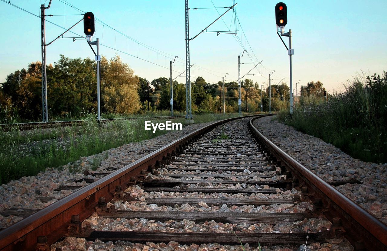 Railroad track amidst trees against clear sky