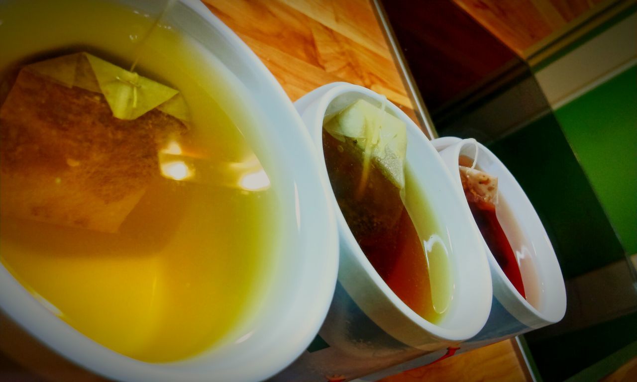 Tilt shot of herbal teas on table
