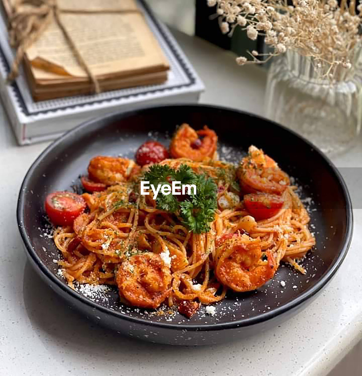 food, food and drink, spaghetti, dish, healthy eating, cuisine, freshness, meal, herb, italian food, plate, vegetable, wellbeing, pasta, no people, indoors, meat, shrimp, dinner, seafood, plant, table, savory food, fruit, spice, produce, crockery, bowl, asian food