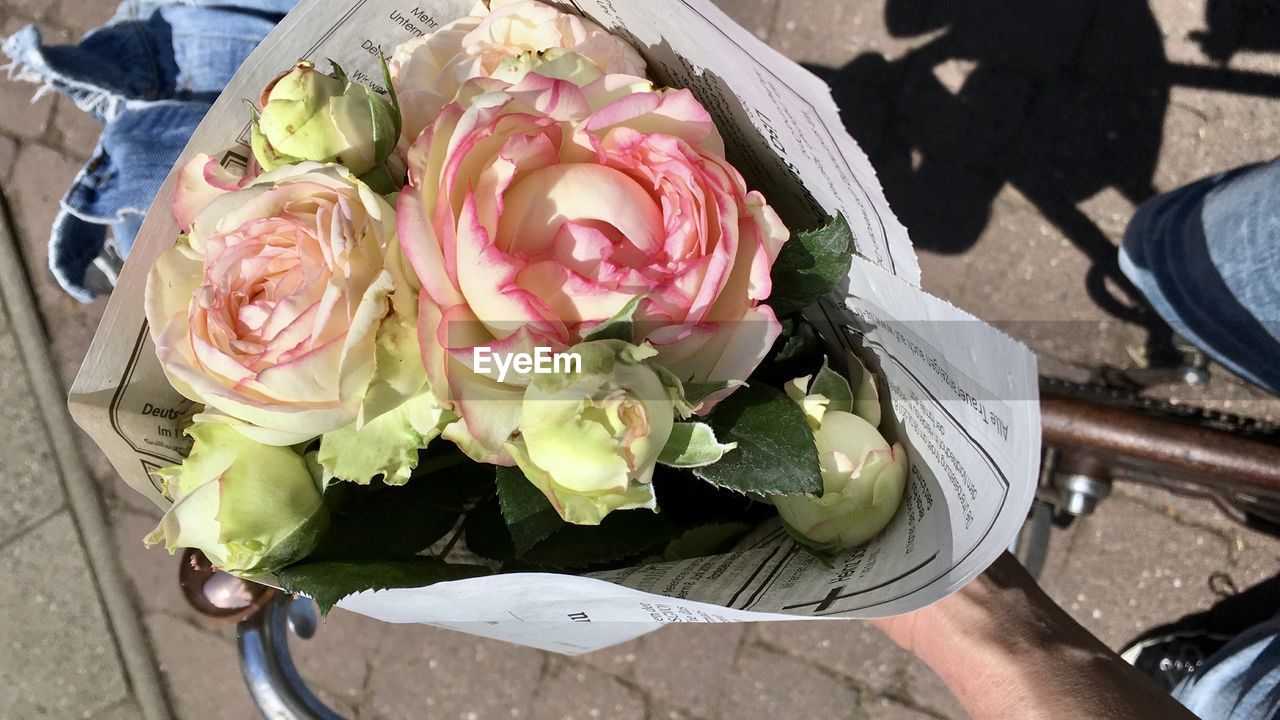 Close-up of person holding rose bouquet