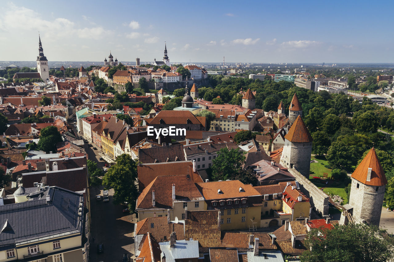 High angle view of town against sky