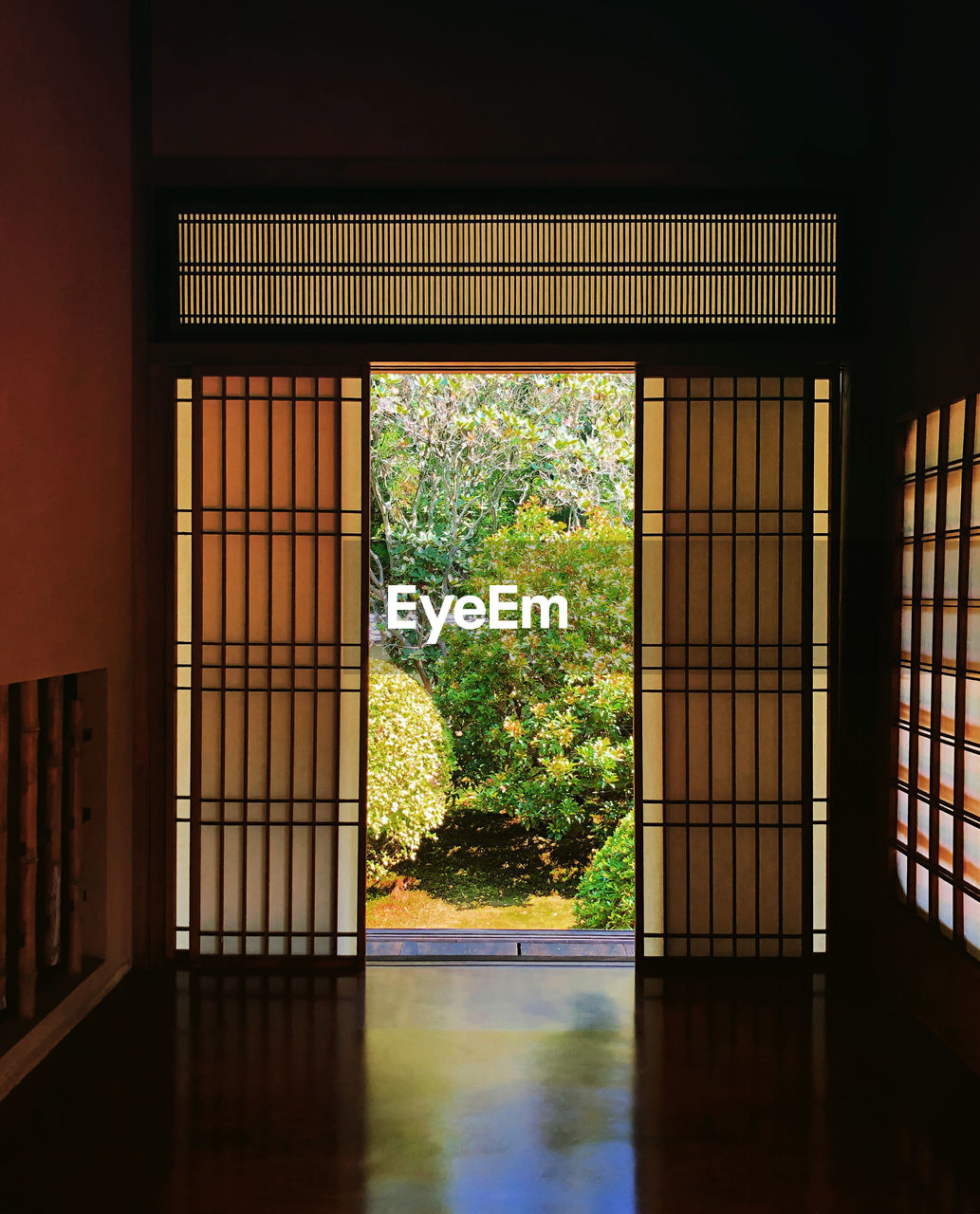 TREES AND BUILDING SEEN THROUGH GLASS WINDOW