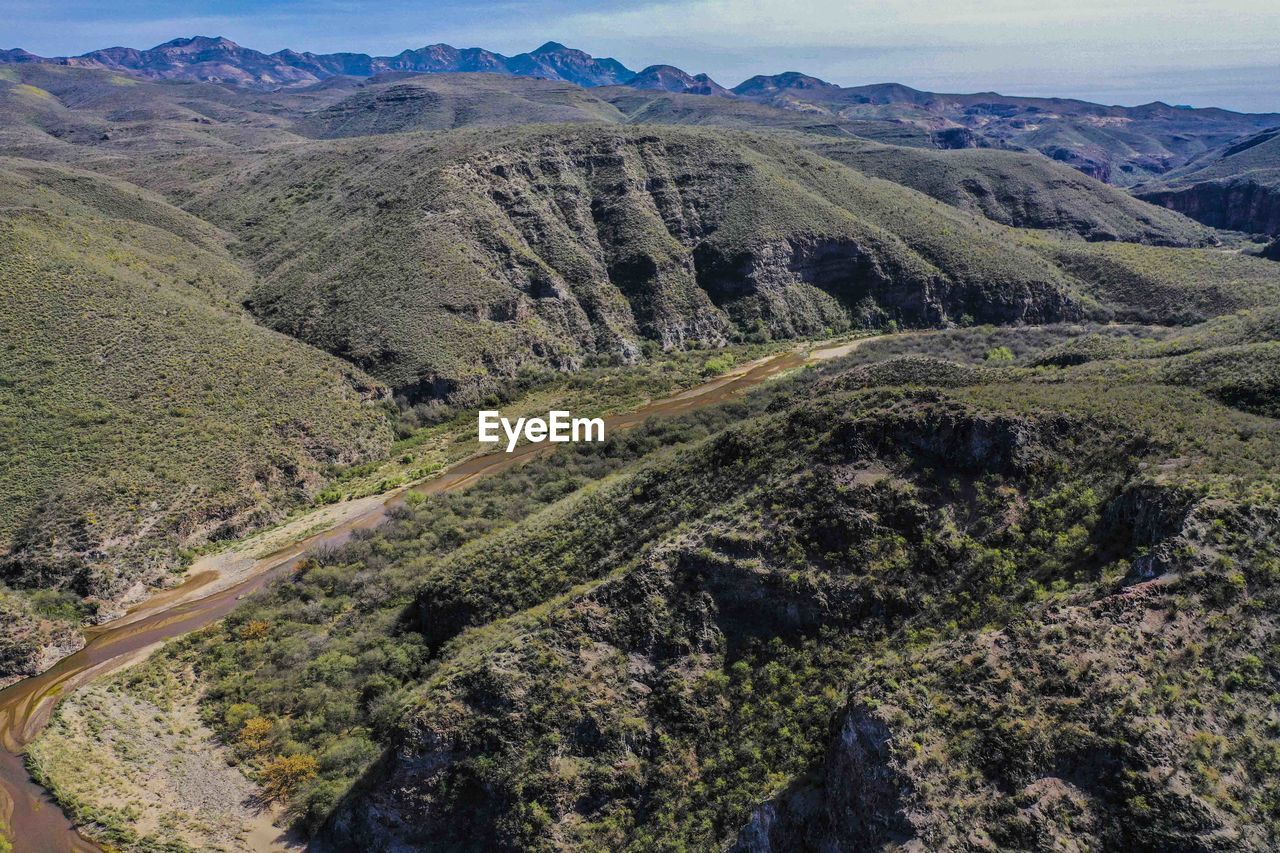 High angle view of land against sky