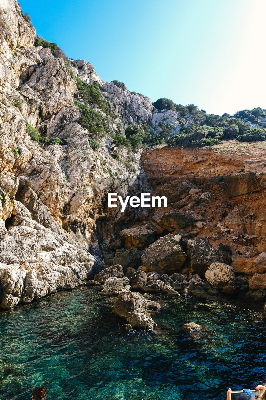 Rock formations by sea against clear blue sky