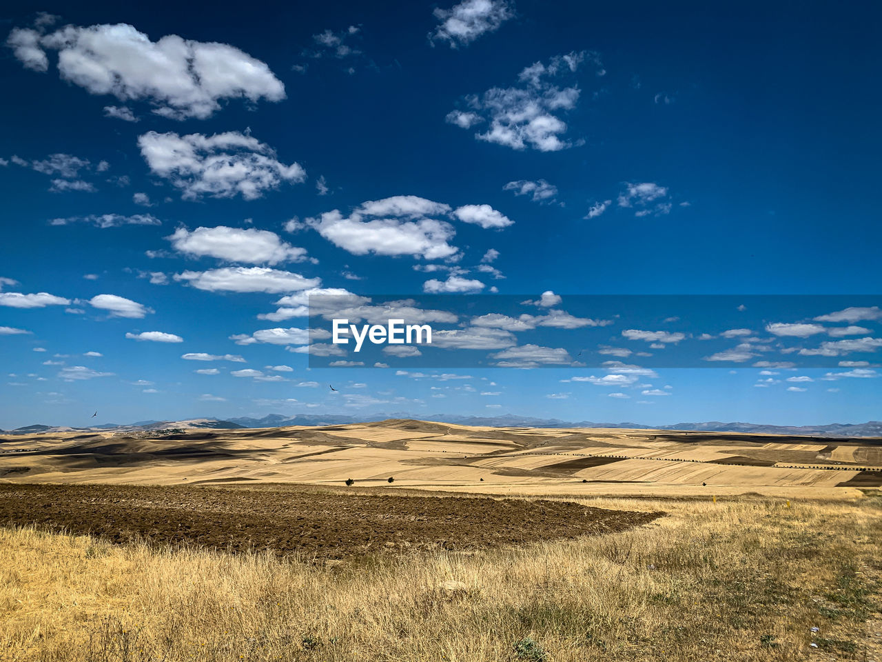 Harvesting in mountainous parts of qobustan region of azerbaijan. scenic view of field against sky