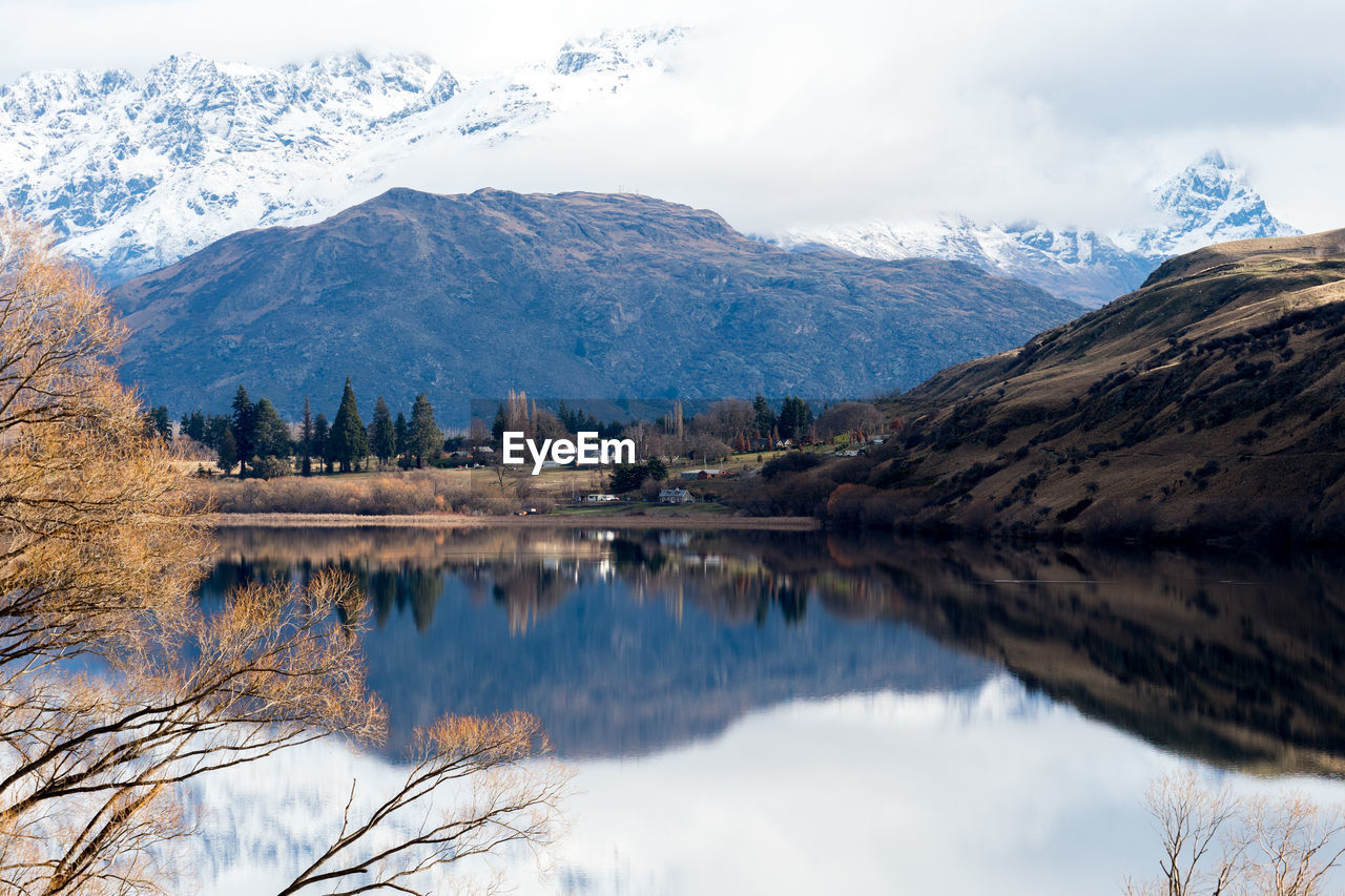 Scenic view of lake and mountains against sky