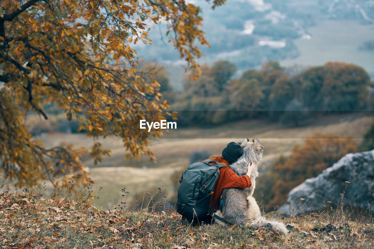 MAN SITTING ON ROCK DURING AUTUMN